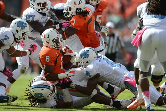 University of Miami Hurricanes running back Duke Johnson #8 plays in a game against the North Carolina Tar Heels at Sun Life Stadium on October 13,...