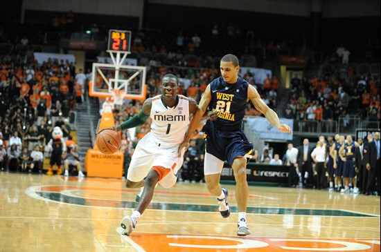 University of Miami Hurricanes guard,, Durand Scott, #1, plays host to 2010 NCAA Final Four participant West Virginia at the BankUnited Center on...