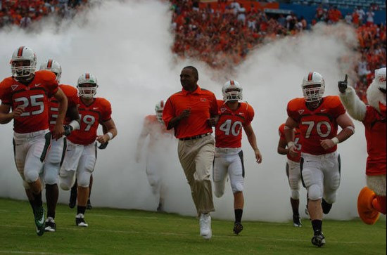 University of Miami Hurricanes head coach Randy Shannon leads his team on the field in a game against the University of Central Florida Knights at...