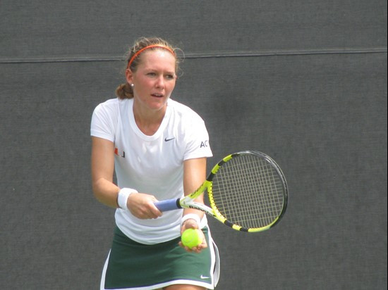 Bianca Eichkorn getting ready to serve Saturday at the Neil Schiff Tennis Center.