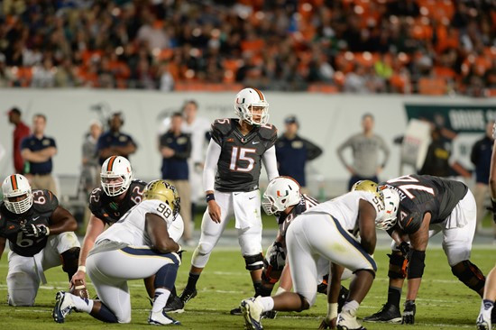 University of Miami Hurricanes quarterback Brad Kaaya #15 plays in a game against The Pittsburgh Panthers at Sun Life Stadium on November 29, 2014. ...