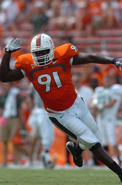 University of Miami defensive tackle Joe Joseph #91 rushes in a game against Marshall University at the Orange Bowl on September 1, 2007.  The...