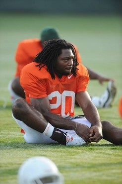 University of Miami Hurricanes players Damien Berry #20 at Greentree practice fields training for the upcoming 2010 season. The practice was open for...