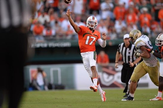 University of Miami Hurricanes quarterback Stephen Morris #17 completed 12 of 25 passes for 162 yards and 2 touchdowns in a game against the Georgia...