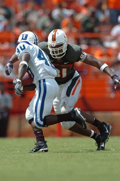 University of Miami defensive end Calais Campbell #81 had 5 solo tackles, 3 assist and 2 forced fumbles in a game against the Duke University Blue...