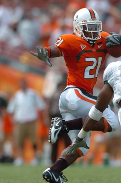 University of Miami running back Derron Thomas #21 rushed 6 times for 28 yards in a game against Marshall University at the Orange Bowl on September...