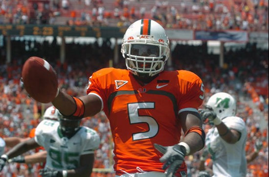 University of Miami running back Javarris James #5 scores a touchdown against Marshall at the Orange Bowl on September 1, 2007. James rushed 14 times...