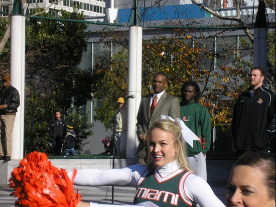 UM head coach Randy Shannon speaking at the Emerald Bowl pep rally