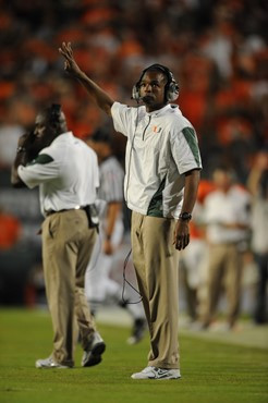 University of Miami Hurricanes head coach Randy Shannon on the sidelines in a game against the Florida State Seminoles at Sun Life Stadium on October...