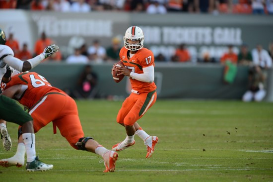 University of Miami Hurricanes quarterback Stephen Morris #17 and the Canes will play in a game against the University of South Florida Bulls at Sun...