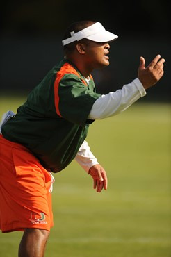 University of Miami Defensive Backs Coach, Paul Williams, instructs his team on how he wants them to execute his game plan during a spring practice at...