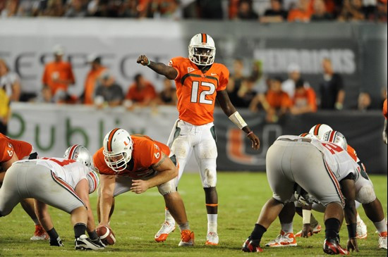 University of Miami Hurricanes quarterback Jacory Harris #12 plays in a game against the Ohio State Buckeyes at Sun Life Stadium on September 17,...