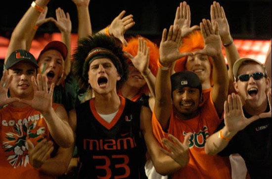 University of Miami Hurricane fans show their team spirit in a game against the Virginia Tech Hokies at Dolphin Stadium on November 13, 2008.  Photo...