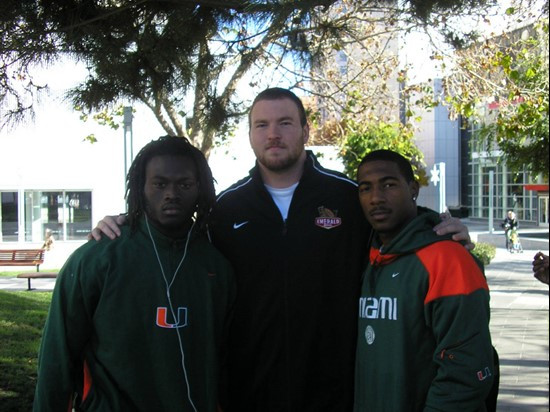 Running back Graig Cooper, offensive lineman Jason Fox and cornerback Chavez Grant at the Emerald Bowl Pep Rally