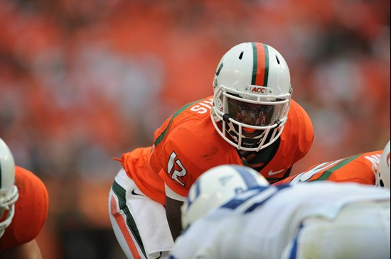 University of Miami Hurricanes quarterback Jacory Harris #12 gets set in shotgun formation during a game against the Duke Blue Devils at Sun Life...