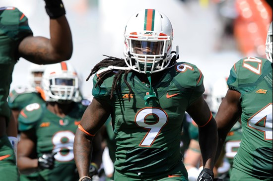 University of Miami Hurricanes wide receiver Malcolm Lewis #9 plays in a game against the North Carolina Tar Heels at Sun Life Stadium on November 1,...
