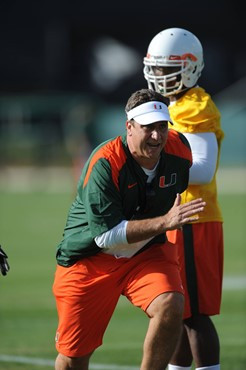 University of Miami Assistant Head Coach-Defensive Coordinator, Mark D Onofrio, instructs the team on how he wants them to execute his game plan...