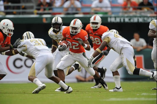 University of Miami Hurricanes running back Lee Chambers #32 rushed 4 times for 31 yards in a game against the University of Central Florida Knights...