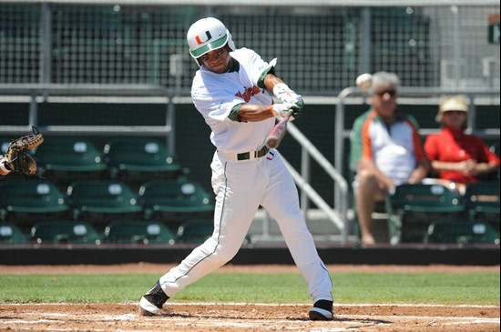 University of Miami infielder/outfielder, Zeke DeVoss #7, plays in a game against Georgia Tech at Alex Rodriguez Park on March 26, 2011.  Photos by...