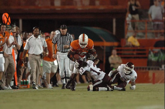 University of Miami tight end Dedrick Epps #18 in a game against the Texas A&M Aggies at the Orange Bowl on September 20, 2007. Photo by Steven...