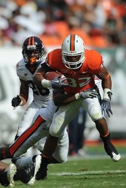 University of Miami Hurricanes running back Lee Chambers #32 plays in a game against the Virginia Cavaliers at Land Shark Stadium on November 7, 2009....
