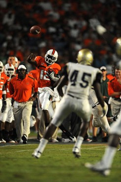 University of Miami Hurricanes quarterback Jacory Harris #12 in his debut completed 16 passes on 26 attempts for 190 yards against Charleston Southern...