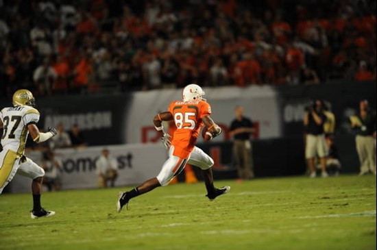 University of Miami Hurricanes wide receiver Leonard Hankerson #85 plays in a game against the Georgia Tech Yellow Jackets at Land Shark Stadium on...