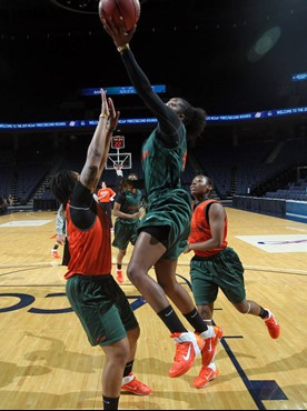 Miami Hurricanes players workout a during practice in the first round of the NCAA women's college basketball tournament Saturday March 19, 2011 at the...