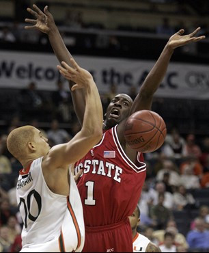 Jimmy Graham battles North Carolina State's J.J. Hickson for the ball in the second half. Miami won, 63-50. (AP Photo/Steve Helber)