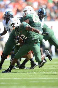 University of Miami Hurricanes running back Joseph Yearby #2 plays in a game against the North Carolina Tar Heels at Sun Life Stadium on November 1,...