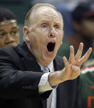 Miami head coach Jim Larranaga directs his team against Charlotte during the second half of an NCAA college basketball game in Charlotte, N.C.,...