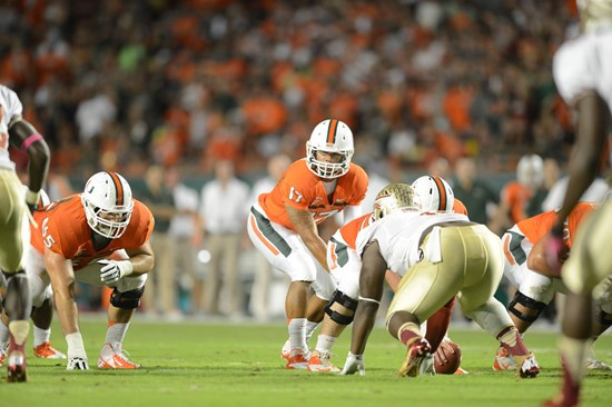 University of Miami Hurricanes quarterback Stephen Morris #17 plays in a game against the Florida State Seminoles at Sun Life Stadium on October 20,...