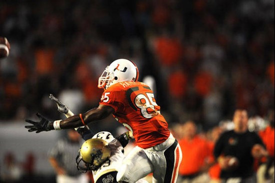 University of Miami Hurricanes wide receiver Leonard Hankerson #85 caught 3 passes for 20 yards and one touchdown in a game against Charleston...