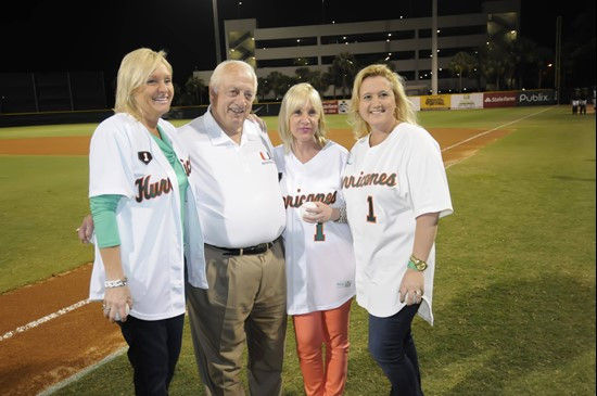 Featured speaker Tommy Lasorda and Coach Fraser's three daughters, Cynthia, Lynda and Elizabeth, threw out the first pitch of Saturday night's game...
