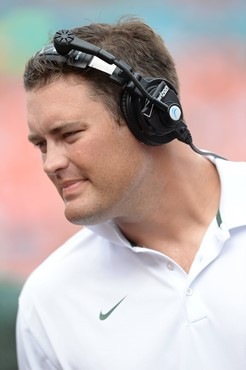 University of Miami Hurricanes tight ends coach Brennan Carroll in a game against the Arkansas State Red Wolves at Sun Life Stadium on September13,...