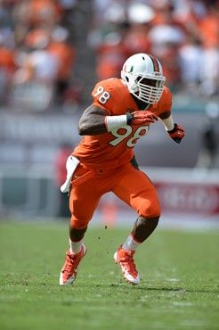 University of Miami Hurricanes defensive end Al-Quadin Muhammad #98 plays in a game against the Wake Forest Demon Deacons at Sun Life Stadium on...