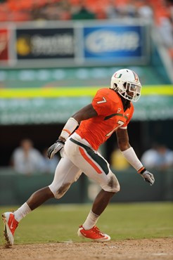 University of Miami Hurricanes defensive back Vaughn Telemaque #7 plays in a game against the Bethune Cookman Wildcats at Sun Life Stadium on October...