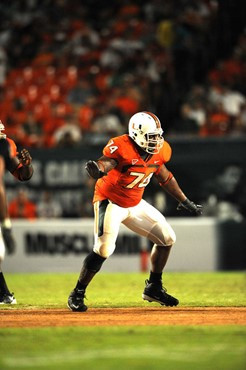 University of Miami Hurricanes offensive lineman Orlando Franklin #74 gets set to block against Charleston Southern University in the Canes inaugural...