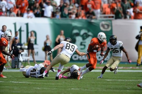 University of Miami Hurricanes wide receiver Stacy Coley #3 plays in a game against the Wake Forest Demon Deacons at Sun Life Stadium on October 26,...