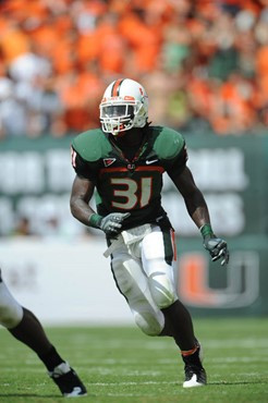 University of Miami Hurricanes linebacker Sean Spence #31 plays in a game against the Deamon Deacons of Wake Forest at Dolphin Stadium on October 25,...