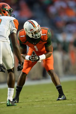 University of Miami Hurricanes defensive back Artie Bums #1 plays in a game against the Florida A&M Rattlers at Sun Life Stadium on September 6, 2014....