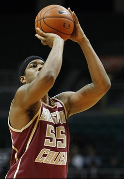 Boston College's Cortney Dunn prepares to shoot against Miami during the first half of an NCAA college basketball game in Coral Gables, Fla., Tuesday,...