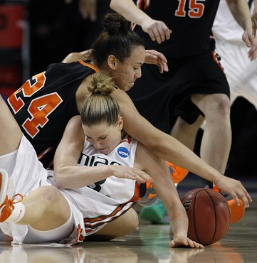 Idaho State's Cydney Horton (24) and Miami's Stefanie Yderstrom tangle while grabbing for a loose ball in the first half of an NCAA tournament...