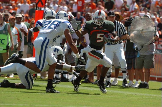 University of Miami running back Javarris James #5 rushed 16 times for 64 yards and caught 3 passes for 28 yards in a game against the Duke University...