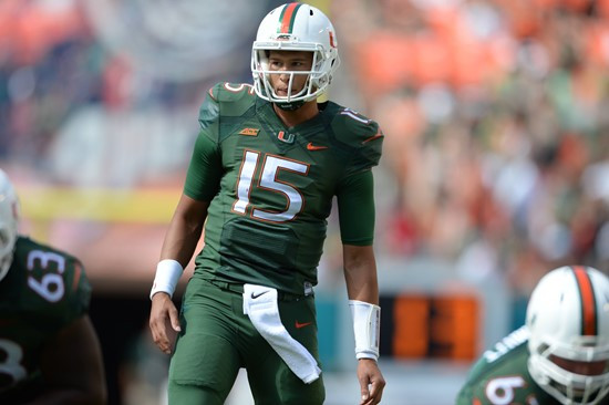 University of Miami Hurricanes quarterback Brad Kaaya #15 plays in a game against the North Carolina Tar Heels at Sun Life Stadium on November 1,...