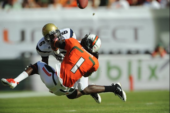 University of Miami Hurricanes wide receiver Allen Hums #1 nearly catches a ball in a game against the Georgia Tech Yellow Jackets at Sun Life Stadium...