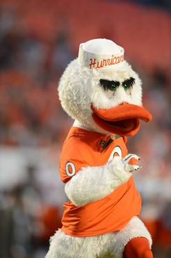 Sebastian the Ibis entertains the University of Miami Hurricane fans before the team arrives for a game against the Savannah State Tigers at Sun Life...