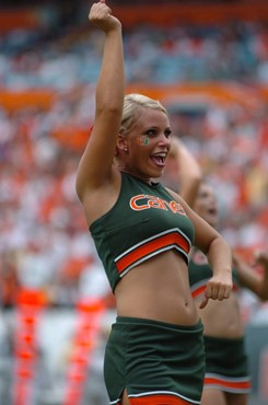 A University of Miami Hurricane cheerleader performs for fans in a game against the Deamon Deacons of Wake Forest at Dolphin Stadium on October 25,...