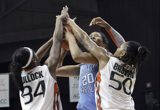 Sylvia Bullock and Maria Brown block North Carolina's Chay Shegog (20). (AP Photo/Alan Diaz)