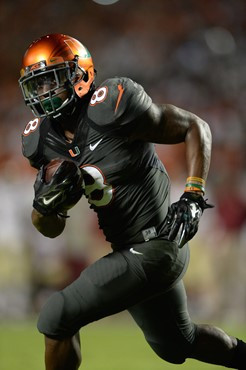 University of Miami Hurricanes running back Duke Johnson #8 plays in a game against the Florida State Seminoles at Sun Life Stadium on November 15,...